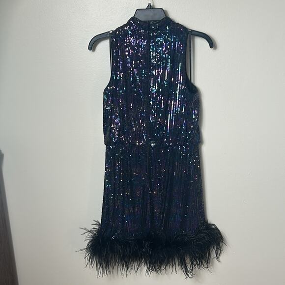 NWT Eliza J Sequin mini Dress with Feather Trim, 8 - Picture 8 of 13